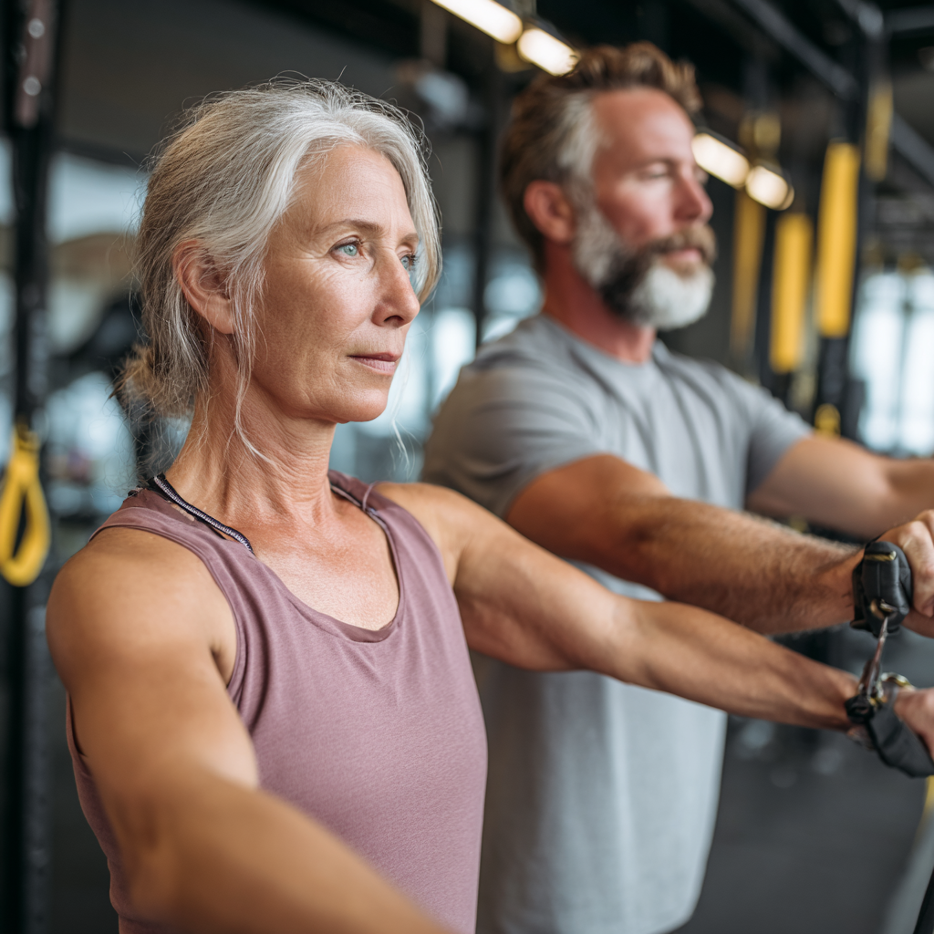 Mature adult participating in functional training session with professional instructor