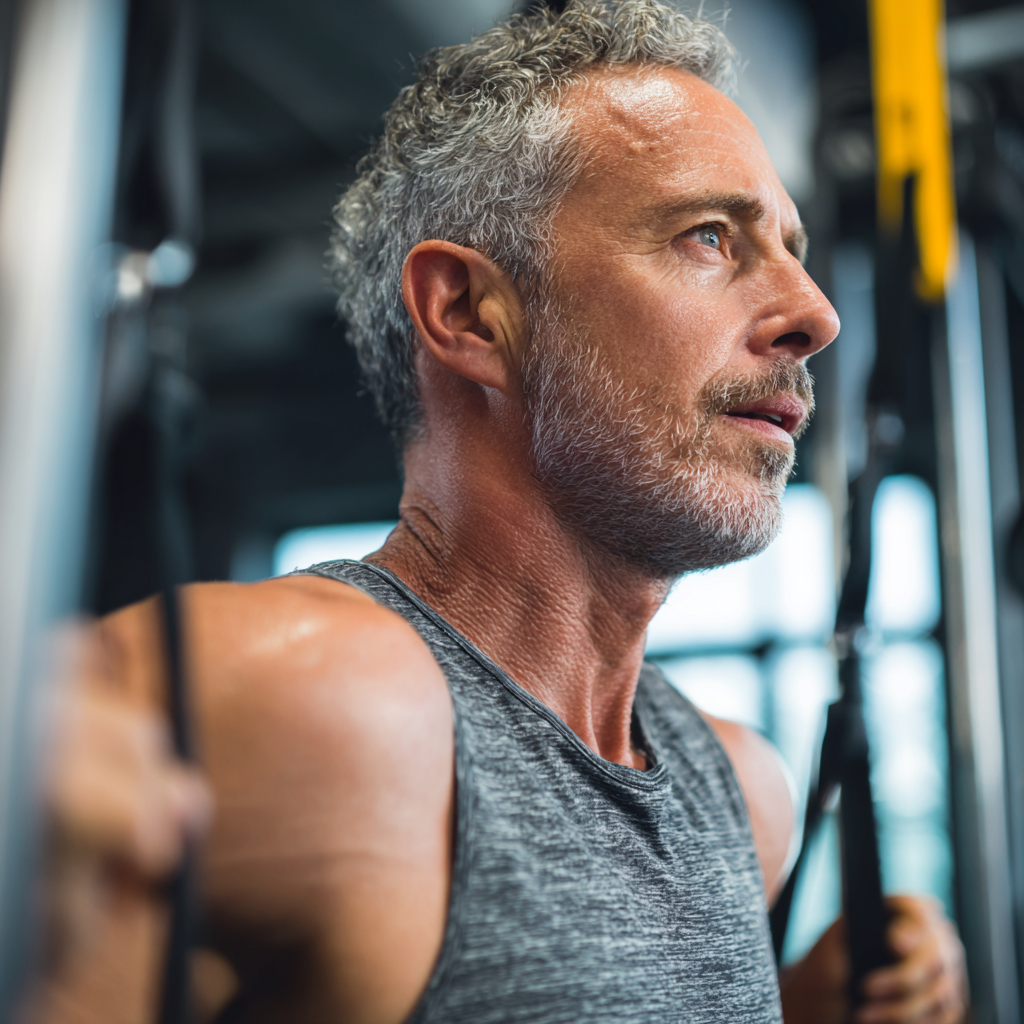 Middle-aged person doing functional training at modern fitness center