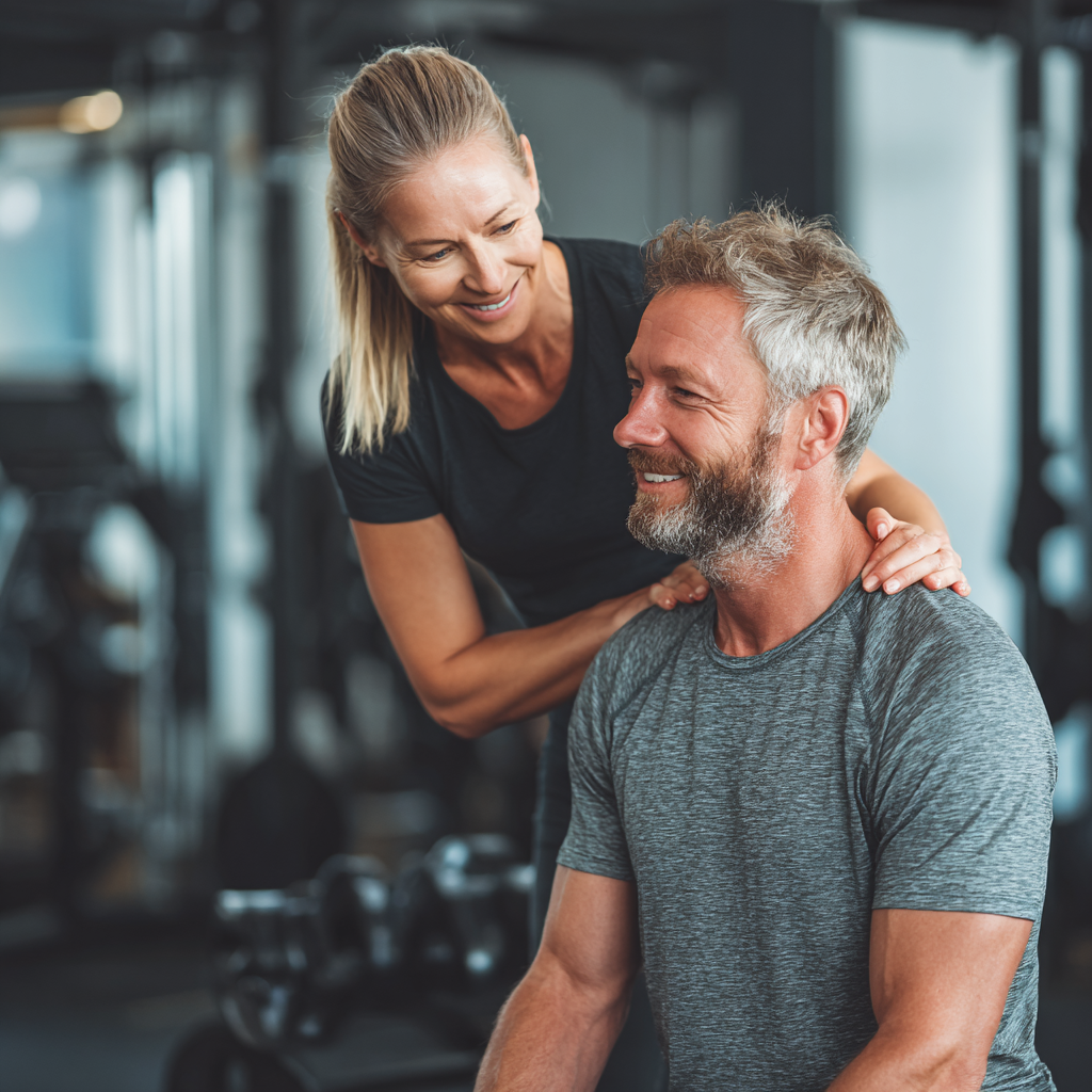 Professional fitness trainer working with middle-aged client in supportive environment